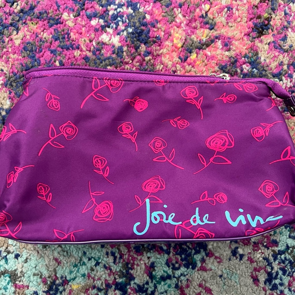 Lancome Purple Cosmetic Pouch with Pink Rose Print with zipper NWOT